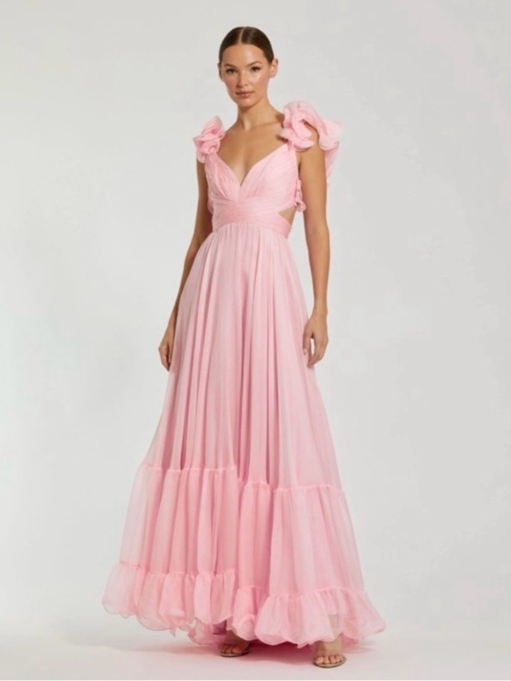 Mac Duggal Pink Empire-Waist Cut-Out Chiffon Ruffle Formal Dress 67911 Sz 12 NEW
